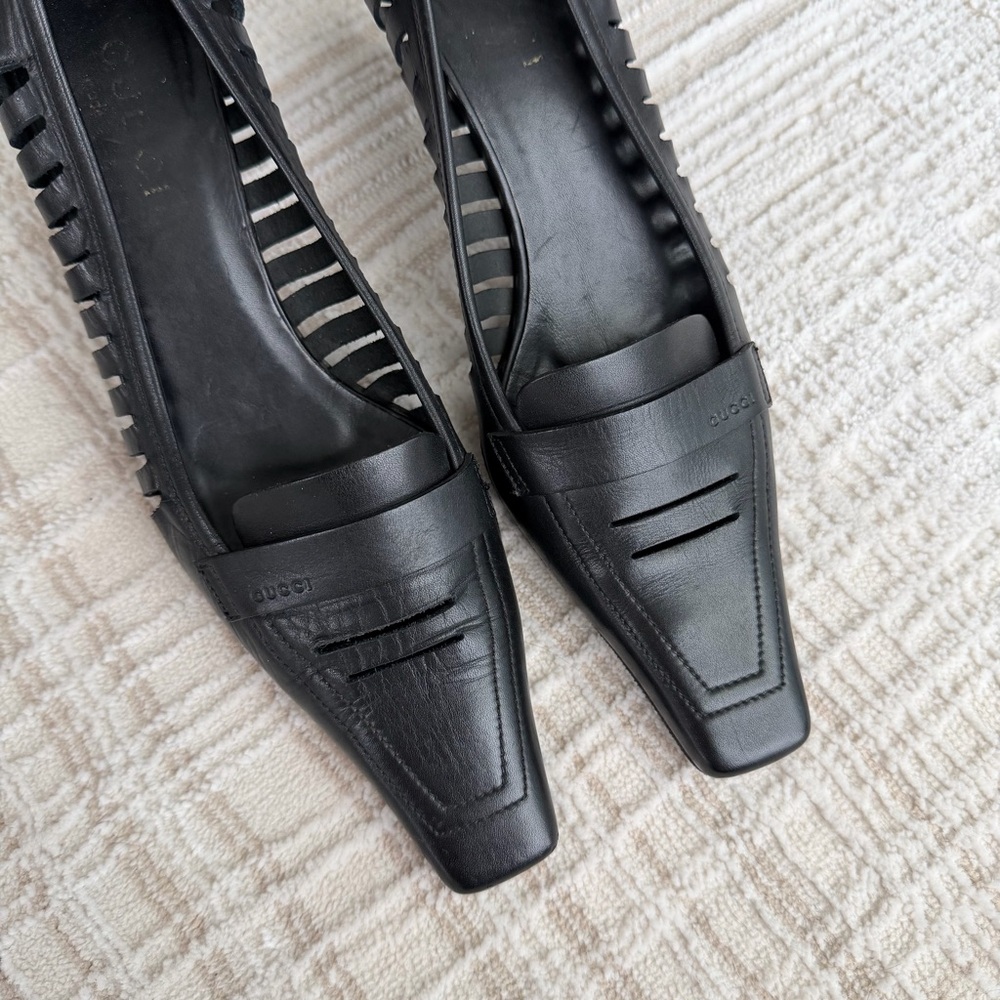 Gucci Black Leather Laser Cut Square Toe - Picture 2 of 7